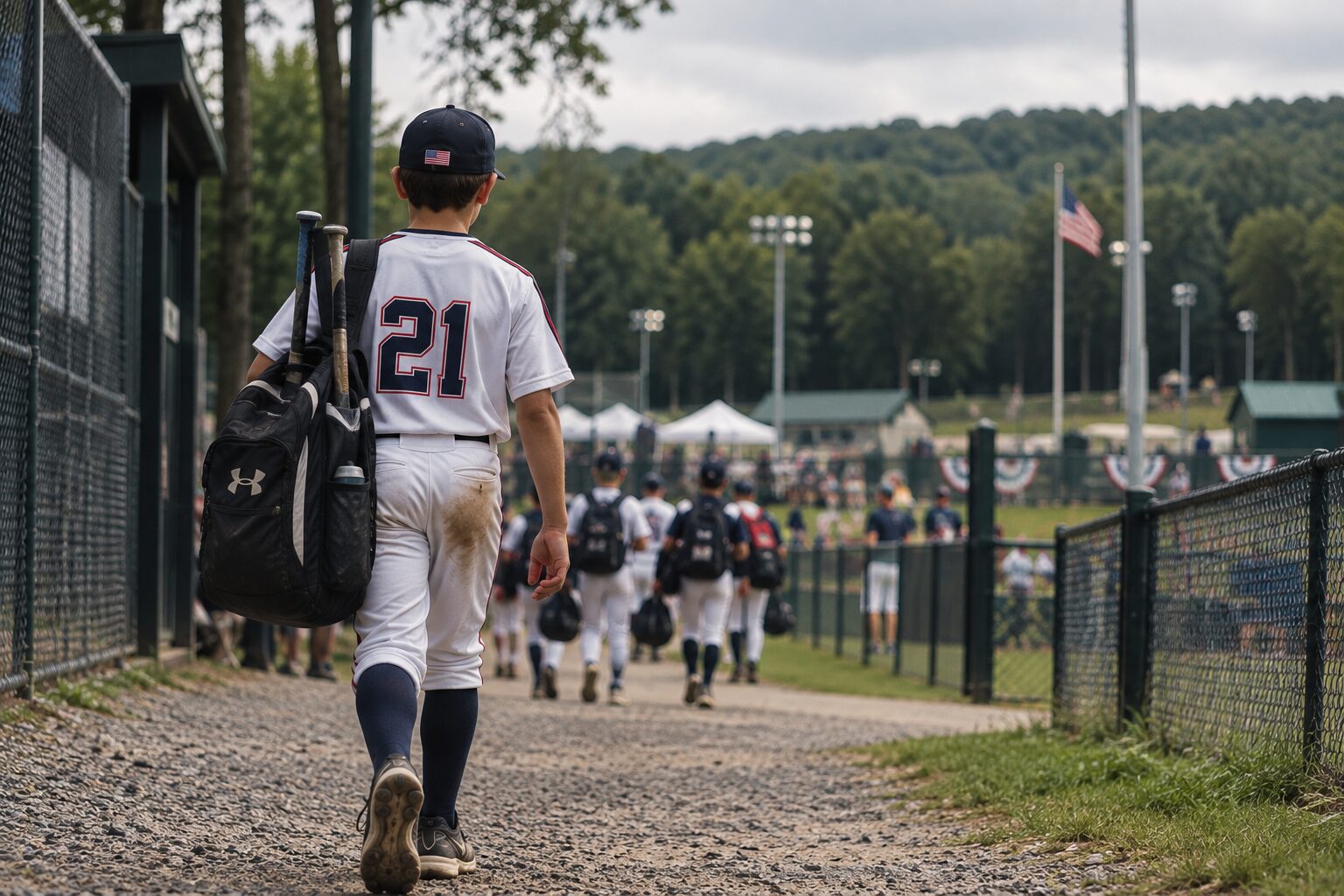 A young baseball player in uniform carrying his bat bag down a gravel path toward the fields, teammates walking ahead of him.