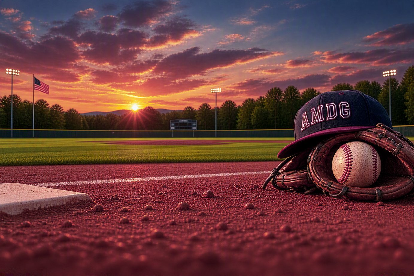An AMDG cap and glove holding a baseball on the infield dirt at sunset, with the field and flag in the background.
