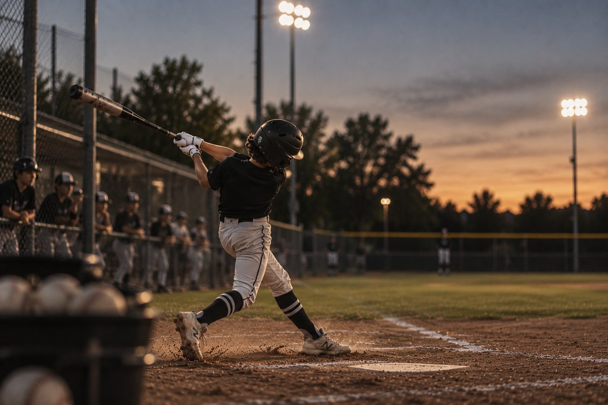 A batter mid-swing connecting with a pitch at golden hour, with the ball in flight toward the outfield.