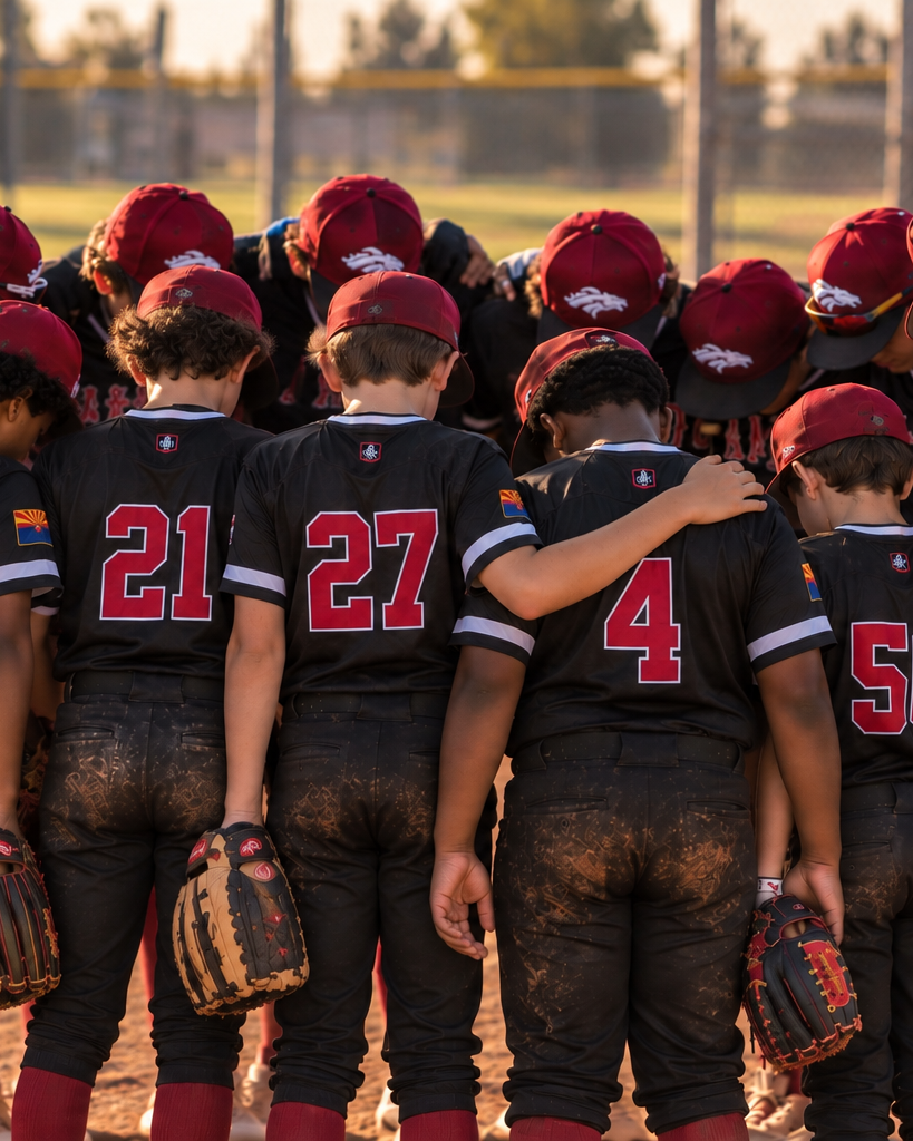 The team huddled together on the infield, arms around each other's shoulders, heads bowed, dusty uniforms and jersey numbers facing the camera.