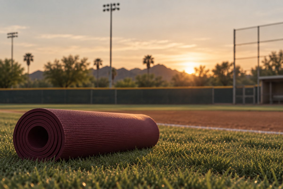 A rolled maroon yoga mat resting on the outfield grass at sunset, with field lights, palm trees, and mountains softly visible in the background.